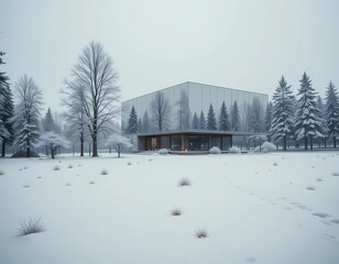 A winter landscape with a mirrored house that blends completely into the snow