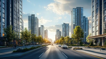 Fototapeta premium Modern Urban Street with Clean Residential Buildings