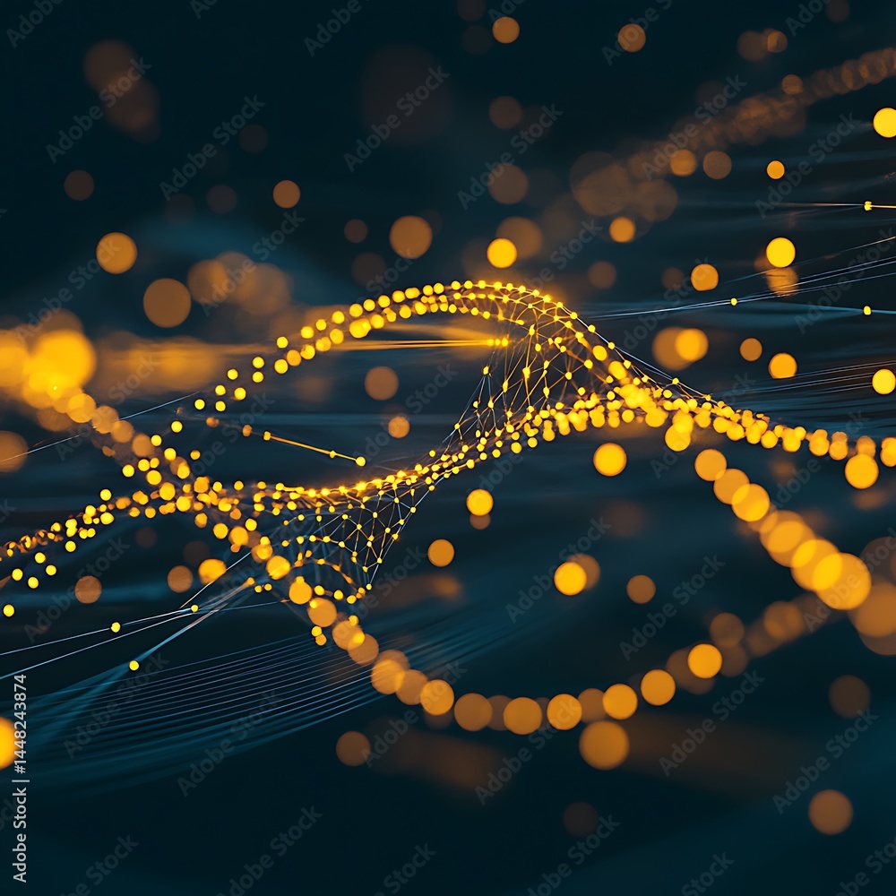 Poster abstract image of glowing particles forming dynamic wave patterns. dark blue background with bright 