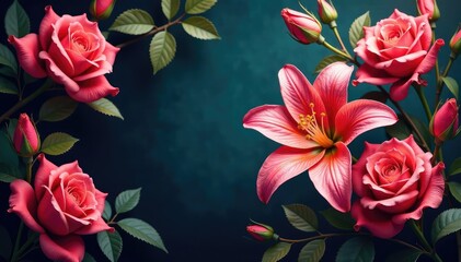 Intricate blooming roses & lilies, rich jewel tones, design, elegant, shadow