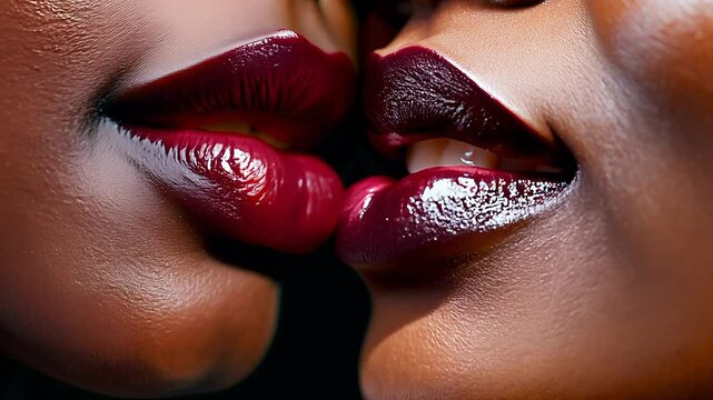 Close-up video of mature ebony and youthful light almond women kissing, lips with merlot shimmer, dramatic side light casting shadows. slow zoom effect. Sensual connection atmosphere