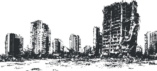 Fototapeta premium Black and white illustration of a city with destroyed and crumbling buildings in a post-apocalyptic setting