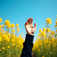 Reaching Hand Above Yellow Wildflowers Under Blue Sky