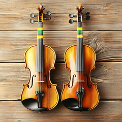 Fototapeta premium Two violins on wooden background, music instruments comparison, overhead shot, for musical education