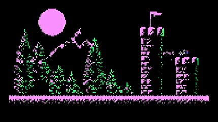 Pixel art landscape depicting a pink moon, green trees, and a castle at night. The style is reminiscent of early video game graphics