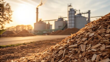 Industrial site with wood waste and processing facilities at sunset.