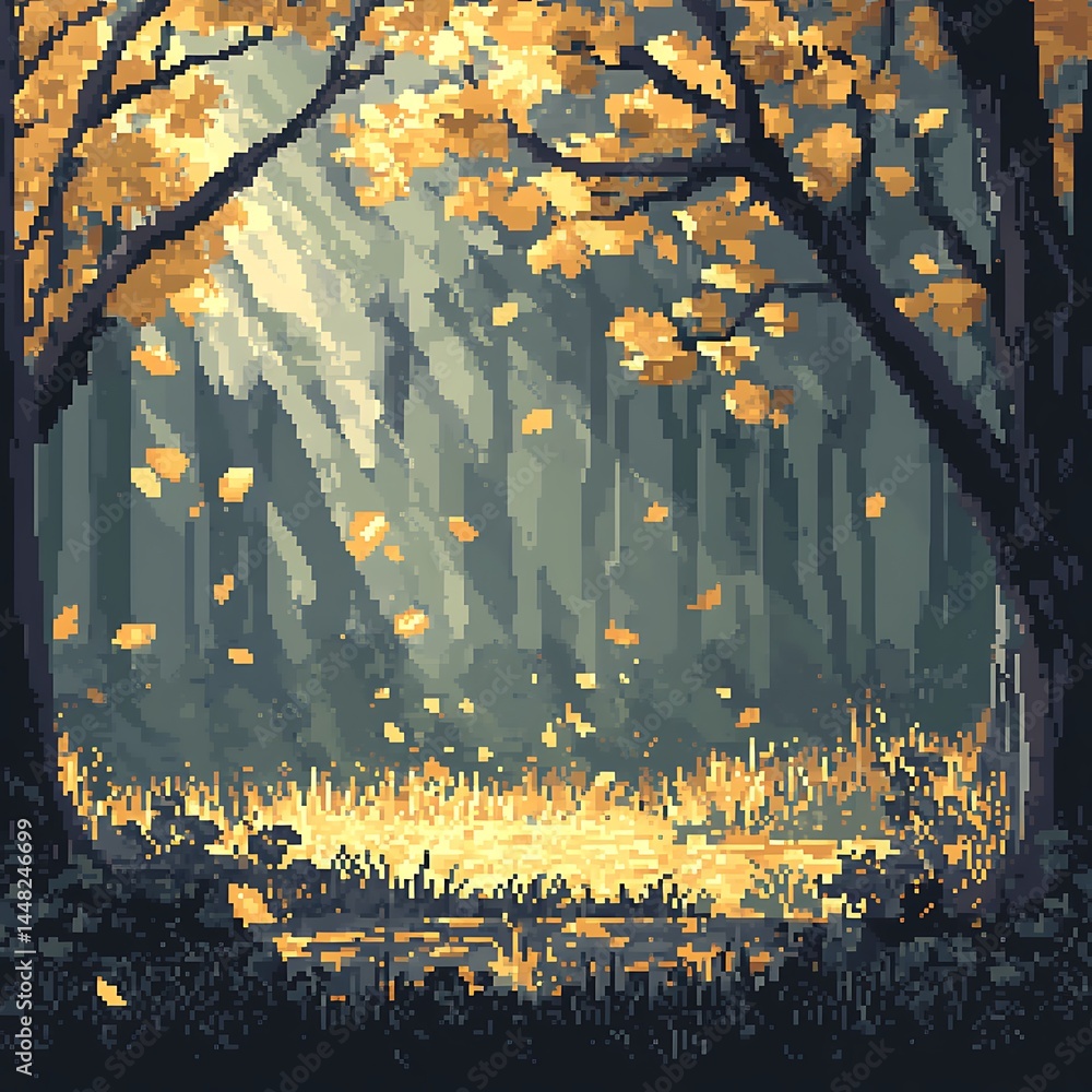 Poster pixel art depicting a serene autumn forest scene. golden leaves fall gently around a sunlit clearing