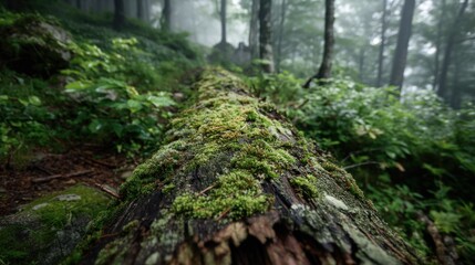 Naklejka premium Mossy Log with Lush Greenery in a Foggy Forest Environment