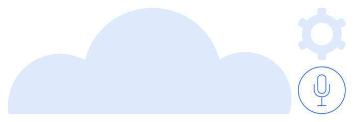 Cloud shape with gear and microphone icons suggesting cloud computing, voice recognition, settings, and communication. Ideal for technology, innovation, data, AI, settings communication flat simple