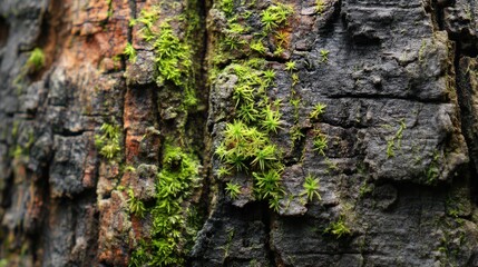 Vibrant Green Moss Growth on Weathered Tree Bark Texture