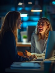 Fototapeta premium Two young, pretty, blonde women laughing together at a desk in an office environment. One is holding a computer mouse.