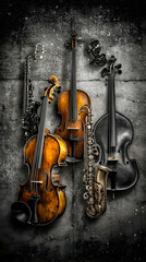 Naklejka premium Vintage string and wind instruments against grunge wall; music, jazz, orchestra, concert, background