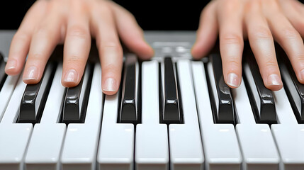 Fototapeta premium Close-up of hands playing a keyboard, music creation, dark background, studio setting, ideal for music education