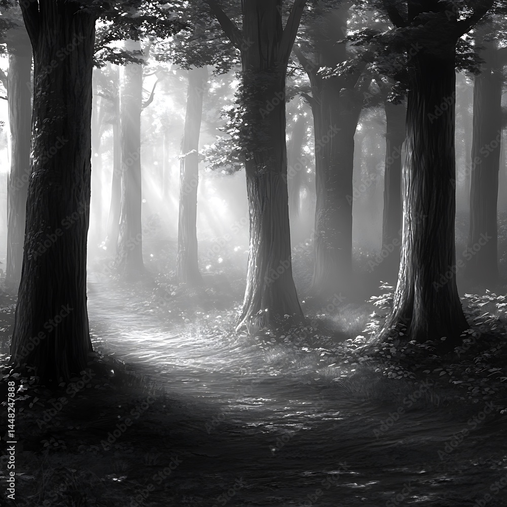 Aufkleber sunbeams illuminate a misty forest path, dappled light and shadow play among tall trees creating a s