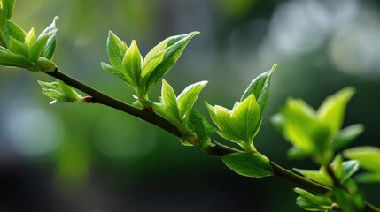 Fresh Green Leaves Emerging from Branch in Soft Natural Light
