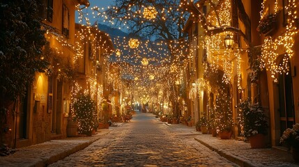 Fototapeta premium Snowy Christmas Street, Italian Town