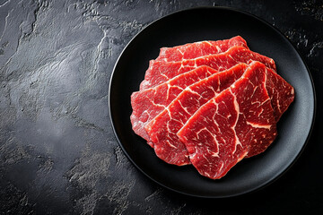 Exquisite arrangement of thinly sliced marbled wagyu beef displayed on dark plate