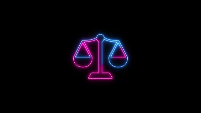 A Neon scale icon animation. Scale of Justice, weight balance, Symbol of law justice