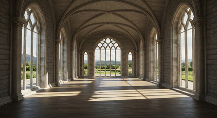 Obraz premium Grand gothic hall interior with large windows garden view