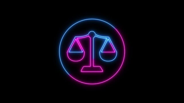 A Neon scale icon animation. Scale of Justice, weight balance, Symbol of law justice