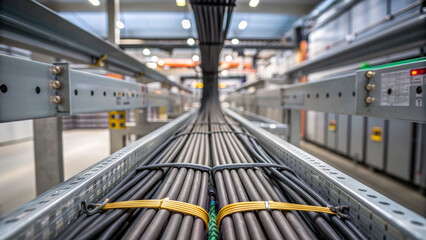 High voltage cables bundled and secured on metal trays inside industrial electrical facility with bright lighting and organized wiring system