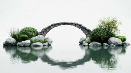 A big pond with an arched stone bridge, white background