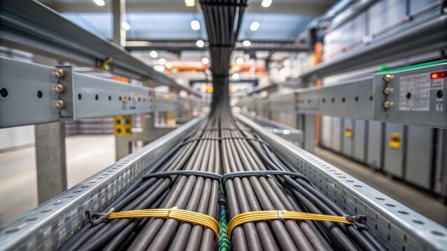 High voltage cables bundled and secured on metal trays inside industrial electrical facility with bright lighting and organized wiring system