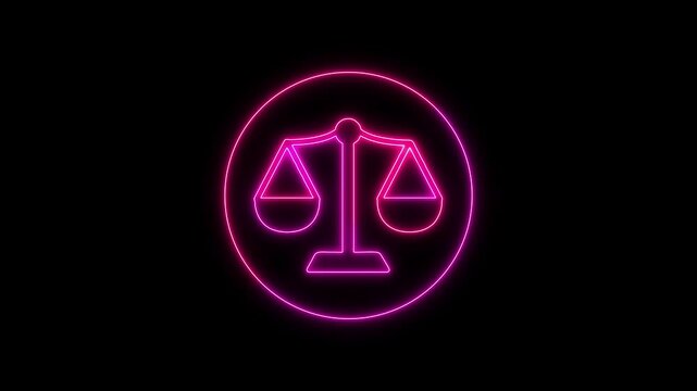 A Neon scale icon animation. Scale of Justice, weight balance, Symbol of law justice