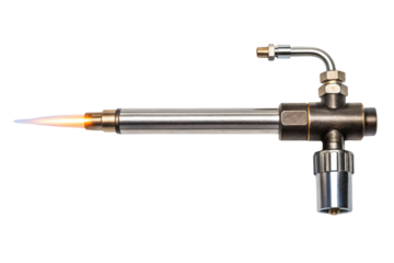 Industrial handheld blowtorch with flame for precision work isolated with transparent background