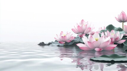 A big pond with pink lotus flowers blooming, white background