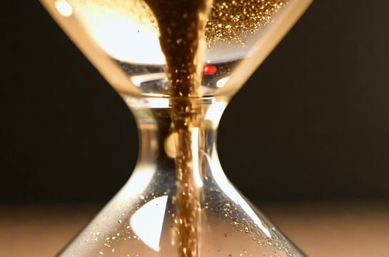 Close-up of an elegant hourglass with golden sand flowing, set against a dark background