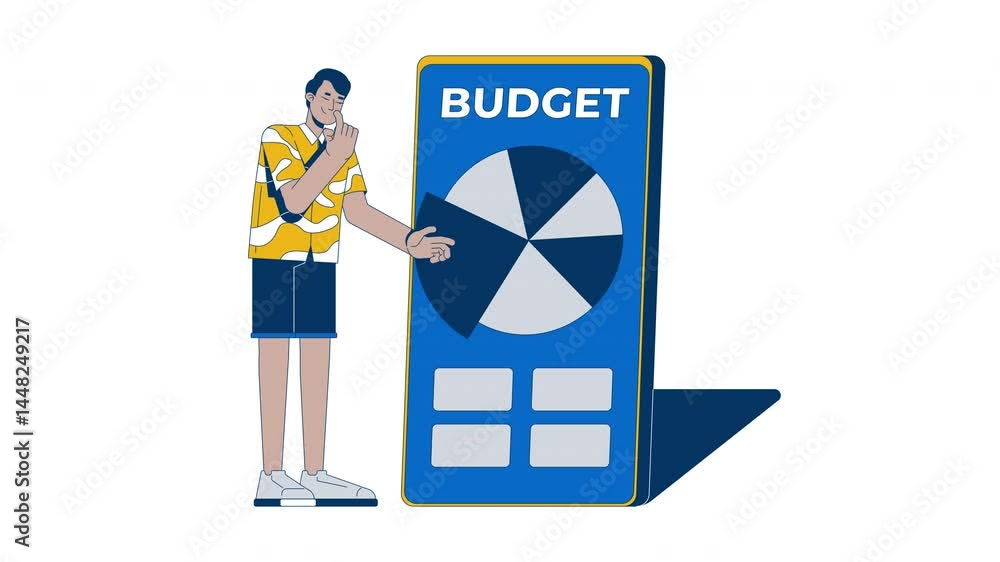 Poster man analyzing pie chart on budgeting app 2d animation. financial planning. expenses tracking. spendi