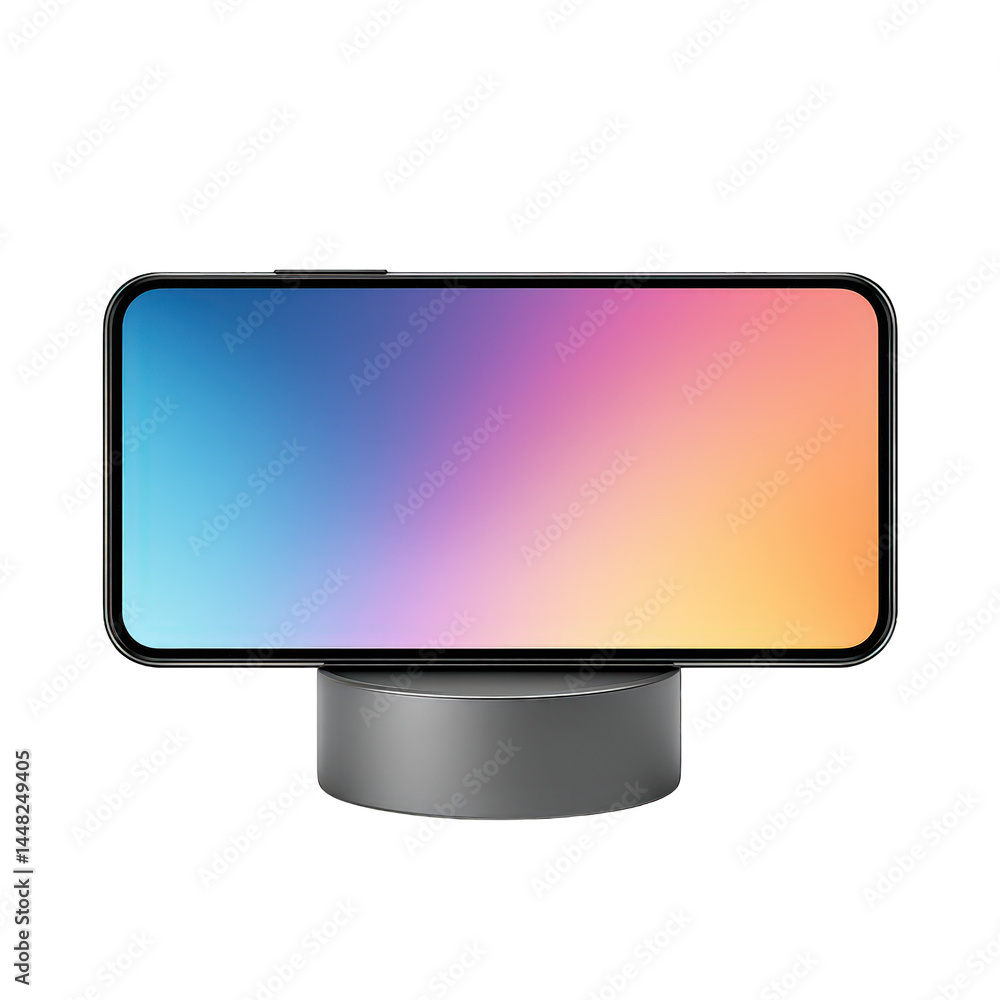Poster modern smartphone displaying a vibrant colorful gradient on its screen, presented on a sleek metalli