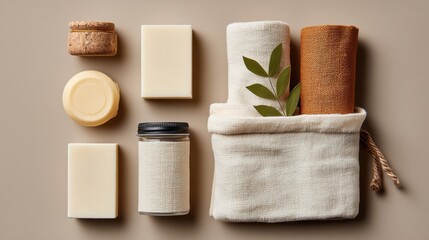Natural Bath and Body Products Displayed on Neutral Background with Linen and Greenery