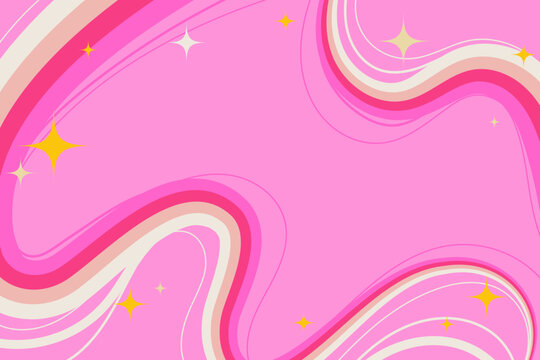 Abstract Girly Design with Cartoon Squiggle Wavy Lines and Sparkling Stars on Light Pink Background. Retro swirls with vibrant movement. Perfect for futuristic prints, party and space themes