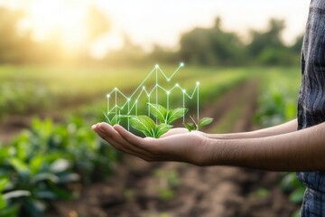 Farmer holding young plants in hand with digital growth chart overlay in lush field