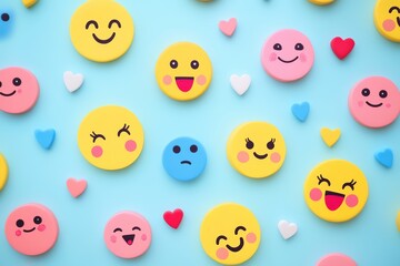 Fototapeta premium Quirky emoji background featuring exaggerated facial expressions like laughing, crying, and winking on a vibrant digital backdrop, ideal for humorous designs, memes, or youth branding.