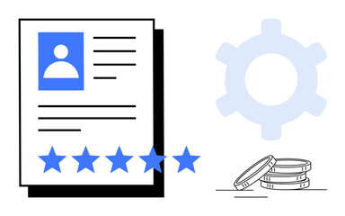 Resume with profile details and stars, stack of coins, and gear icon. Ideal for recruitment, assessment, HR, value, skills, growth and career development flat simple metaphor