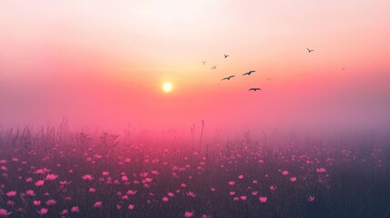 Misty Sunrise over a Field of Pink Flowers
