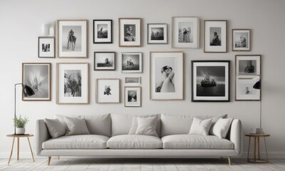 Stylish gallery wall mockup with diverse frames on white background  ,  picture frame,  vintage