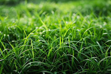 Obraz premium lush green grass in close lawn field provides a fresh and natural background texture, creating a clean and abstract pattern that invites recreation and growth, making it perfect space for outdoor acti