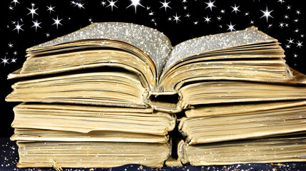 Naklejka premium Open antique book, sparkling pages, night sky background, magical reading, fantasy literature