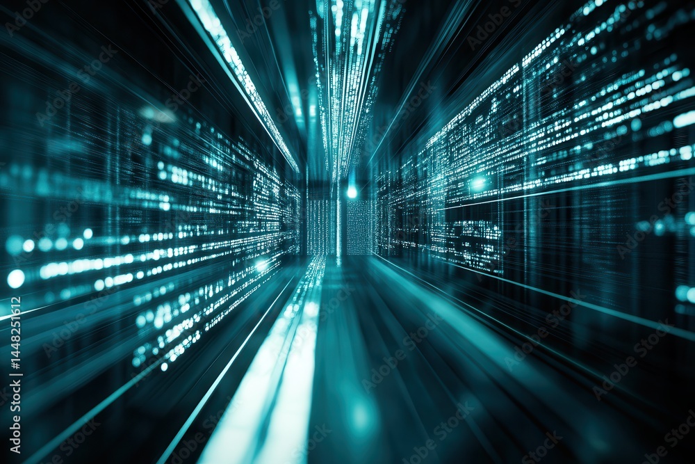 Poster futuristic digital corridor with glowing data streams, representing technology and innovation