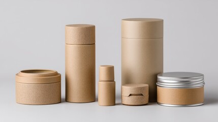 Collection of Eco-Friendly Packaging Containers in Various Shapes and Sizes on Gray Background