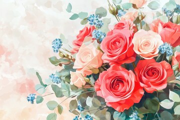 Obraz premium Delicate floral arrangement of roses and eucalyptus in soft colors.