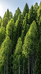 Tall evergreen trees fill the frame, bathed in sunlight, creating a lush, vibrant forest scene