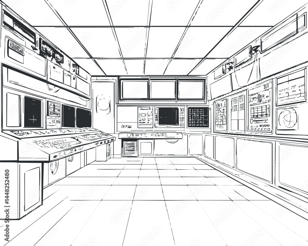 Poster black and white line drawing of a control room with multiple monitors and control panels for industr