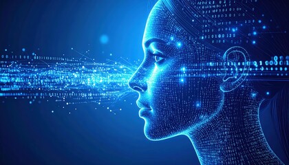 A close-up of a woman's head, her thoughtful expression framed by flowing hair, with cascading binary code lines in the background, symbolizing technology.