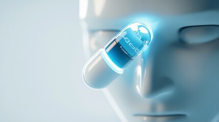 Futuristic humanoid robot, sleek design with glowing blue features, symbolizes advanced technology and innovation, copy-space available.
