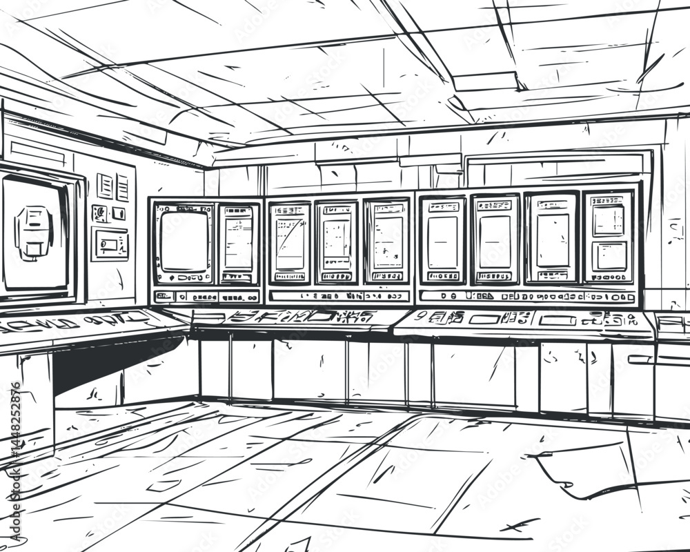 Poster black and white line drawing of a control room with multiple monitors and control panels for industr